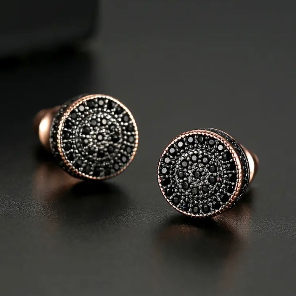Small Round Black and Gold Stud Earrings for Women - Picture 2 of 5